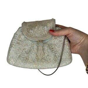 50's 60's  Vintage DeLill Beaded Evening Bag Iridescent White‎ Purse Metal Strap